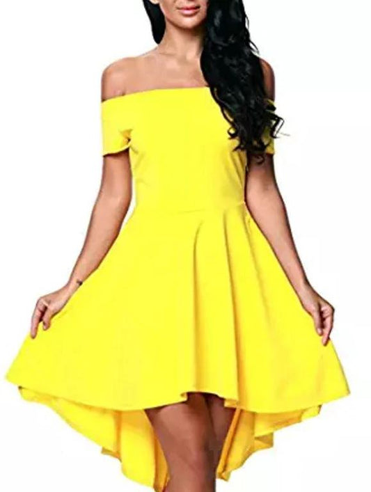 Mandotos one-shoulder short sleeve top paired with a large swallowtail skirt, stylish and elegant fashion ensemble.