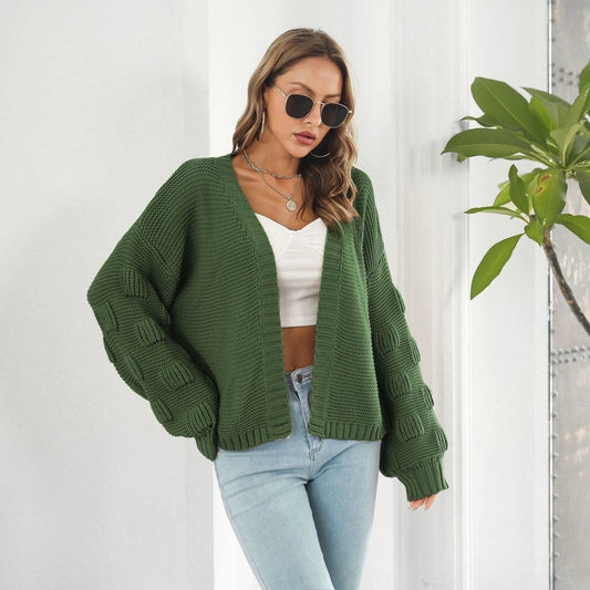 Mandotos women's puff sleeve cardigan sweater with chunky knit design, front view, cozy knitwear coat for stylish layered look.