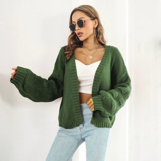 Mandotos women's puff sleeve cardigan sweater with front chunky knit design, cozy knitwear coat for stylish winter wear.