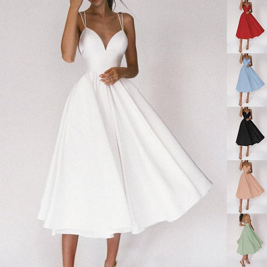Mandotos women's sexy V-neck suspender dress, summer A-line long dress with suspender straps and stylish design.