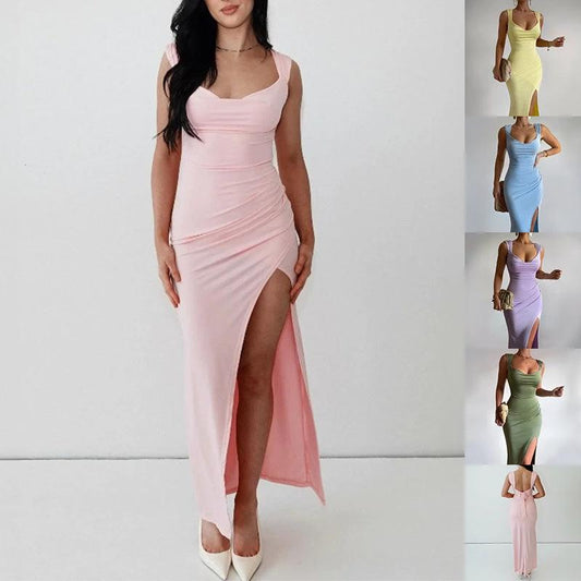 Mandotos slim sleeveless slit dress with back tie design, stylish women's fashion dress perfect for elegant occasions.