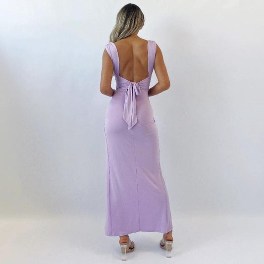 Mandotos slim sleeveless slit dress with back tie design, stylish women's fashion dress, elegant and modern clothing.