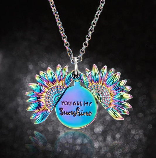 Mandotos sunflower double lettering necklace featuring gold chain and sunflower pendant, stylish jewelry accessory.