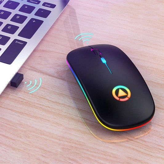 Mandotos wireless Bluetooth mouse with wireless charging feature, sleek design, and ergonomic shape for comfortable use.