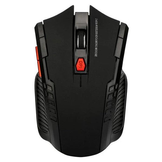Mandotos wireless mouse with ergonomic design, black body, and scroll wheel for smooth navigation on a desk.