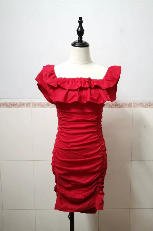 Women’s black off-shoulder ruched layered ruffles bodycon dress by MANDOTOS, shown on a model with a fitted silhouette and elegant ruffle details.