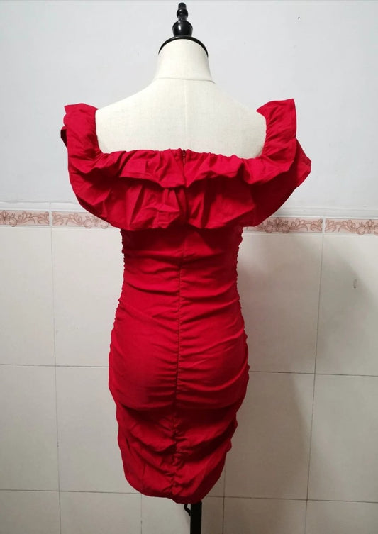 Women’s black off-shoulder ruched layered ruffles bodycon dress by MANDOTOS, featuring a fitted design and elegant ruffle details.