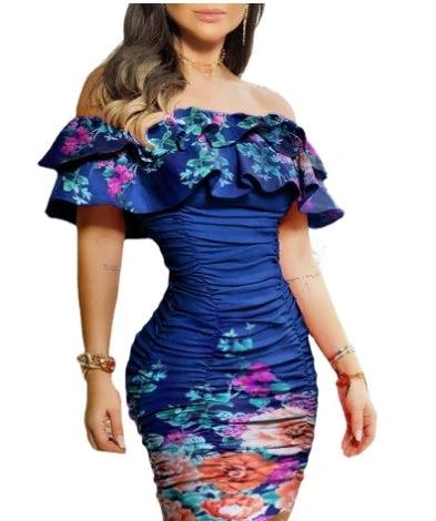 Black off-shoulder women’s ruched layered ruffles bodycon dress by MANDOTOS, stylish and fitted for elegant occasions.