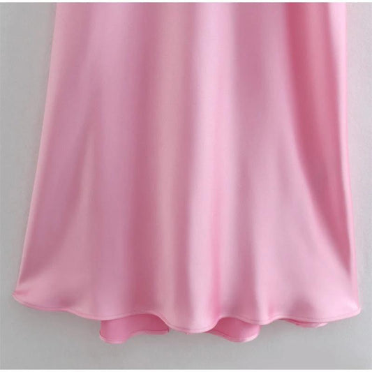 Mandotos women's satin long sleeveless camisole dress, elegant backless slip dress for holiday parties and summer casual wear.