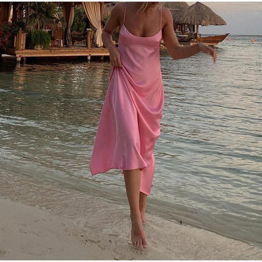 Mandotos satin long women’s sleeveless camisole dress, elegant backless slip dress for holiday parties and casual summer occasions.