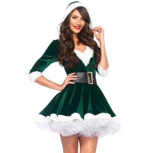 Women’s Christmas dress by MANDOTOS featuring a sexy Santa Claus hoodie, perfect for holiday parties and winter warmth.