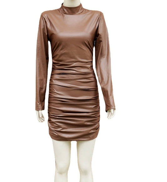 Mandotos women's faux leather long sleeve sheath dress with stand collar, skinny fit, perfect for nightclub or evening wear
