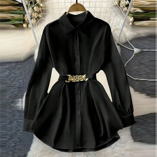 Women's elegant lapel button-down blouse with adjustable metal waist belt, solid color, loose fit for casual and office wear by MANDOTOS.