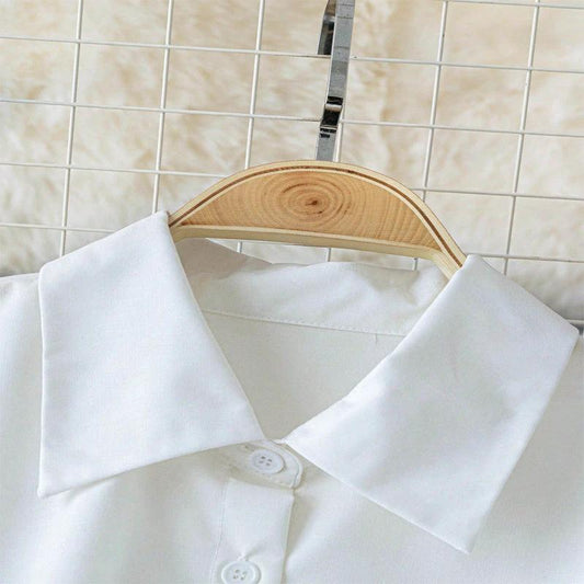 Women's elegant lapel button-down blouse with adjustable metal waist belt, solid color, loose fit, suitable for casual and office wear.