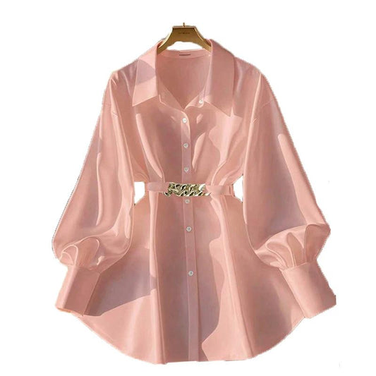 Women's elegant lapel button-down blouse by MANDOTOS with adjustable metal waist belt, solid color, loose fit for casual or office wear.