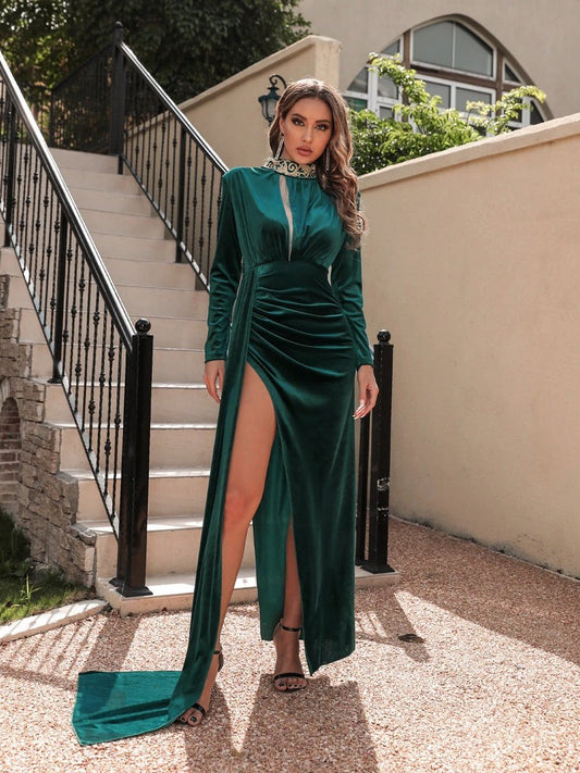 Women's Korean velvet high neck evening dress by MANDOTOS, featuring a sleek, sexy design with a high neckline and elegant fit.