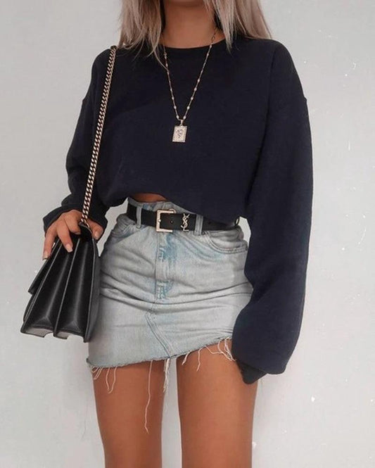Women's long sleeve crop top T-shirt by MANDOTOS, stylish fitted top with soft fabric and a trendy design.