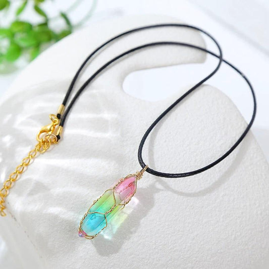Women's transparent geometric diamond crystal necklace by MANDOTOS featuring sparkling crystal accents and modern design.