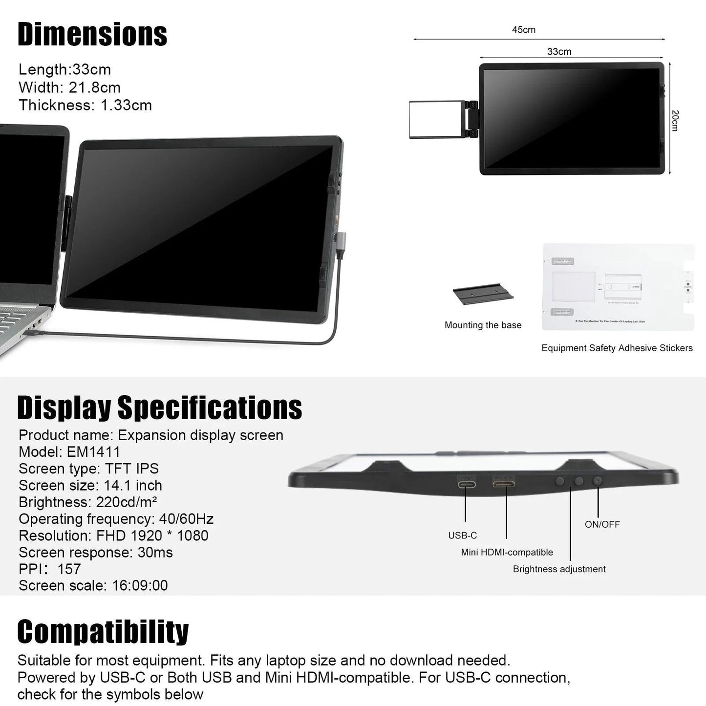MANDOTOS 12-inch HD IPS LCD dual monitor screen extender for laptops, compatible with MacBook and Huawei, featuring 1920x1080 resolution.