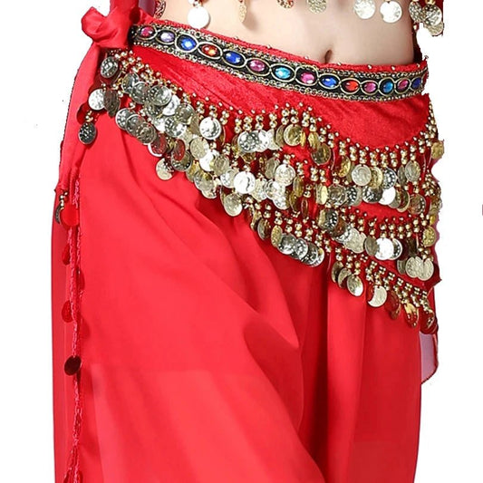 Mandotos multi-color glass silk velvet belly dance belt with crystals, waist chain, and hip scarf for elegant dance performances.