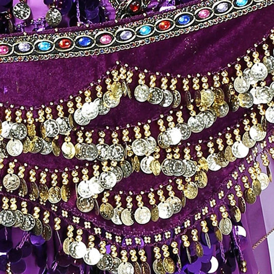 Mandotos multi-color glass silk velvet belly dance belt with crystals, waist chain, and hip scarf for elegant movement and vibrant style.