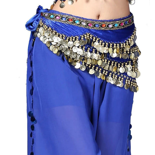 Mandotos multi-color glass silk velvet belly dance belt with crystals, waist chain, and hip scarf for vibrant dance performances.