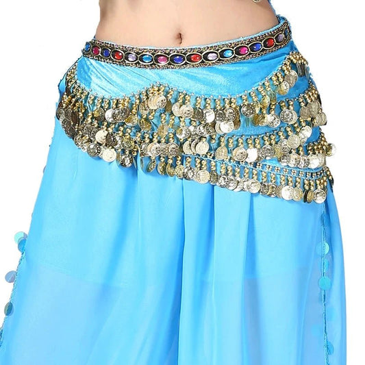 Mandotos multi-color glass silk velvet belly dance belt with crystals, waist chain, and hip scarf for elegant dancing performances.