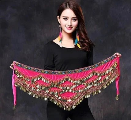 Mandotos multi-color glass silk velvet belly dance belt with crystals, waist chain, and hip scarf for vibrant dance performances.