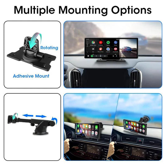 Mandotos 4K 10.26-inch mirror dash cam with Carplay and Android Auto showing the screen in a car interior.