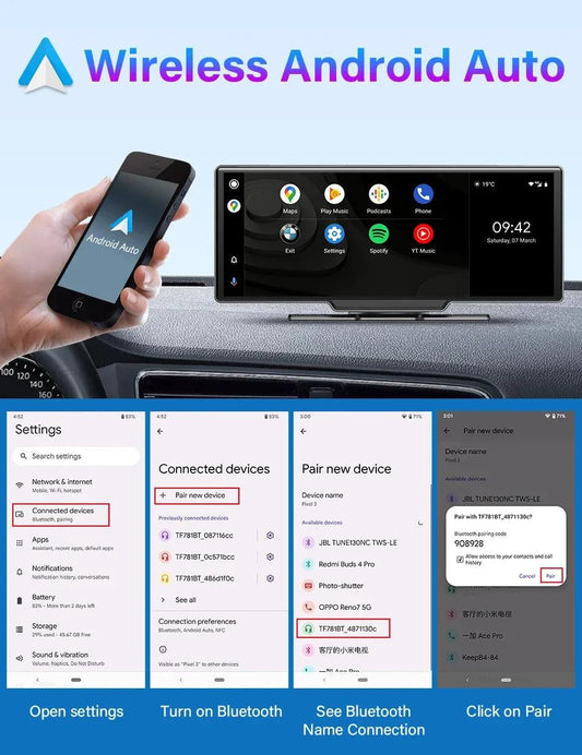 Mandotos 4K 10.26-inch mirror dash cam with CarPlay and Android Auto installed in a vehicle interior.