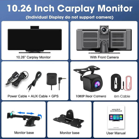 Mandotos 4K 10.26-inch mirror dash cam with Carplay and Android Auto, showing the screen mounted on a car's windshield.