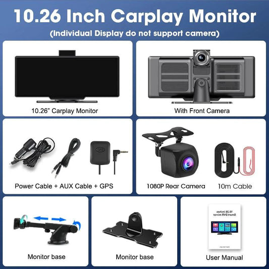 MANDOTOS 4K 10.26-inch mirror dash cam with CarPlay and Android Auto, showing the camera display on the reflective screen.