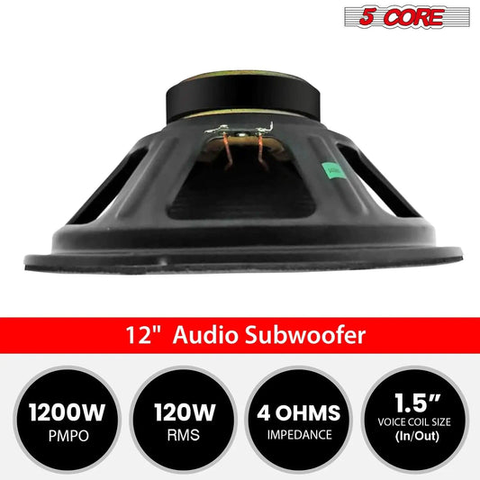 Mandotos 5Core Max Bass 15-inch subwoofer with 450W power and 4 Ohm impedance, showcasing the speaker cone and rugged design.
