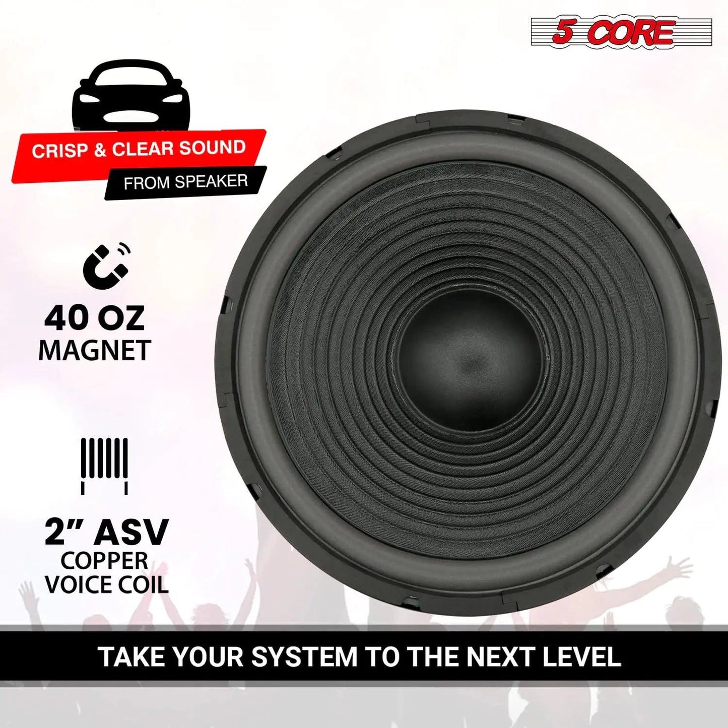 Mandotos 5Core Max Bass 15-inch subwoofer with 450W power and 4 Ohm impedance, showing the speaker cone and frame.