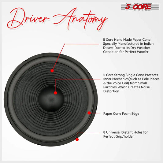 Mandotos 5Core Max Bass 15-inch subwoofer with 450W power and 4 Ohm impedance, showing the speaker cone and mounting frame.