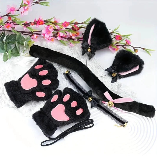 Set of MANDOTOS cat paw winter gloves, cartoon girl open-finger style, with matching fox and cat ear headbands featuring bell accents.