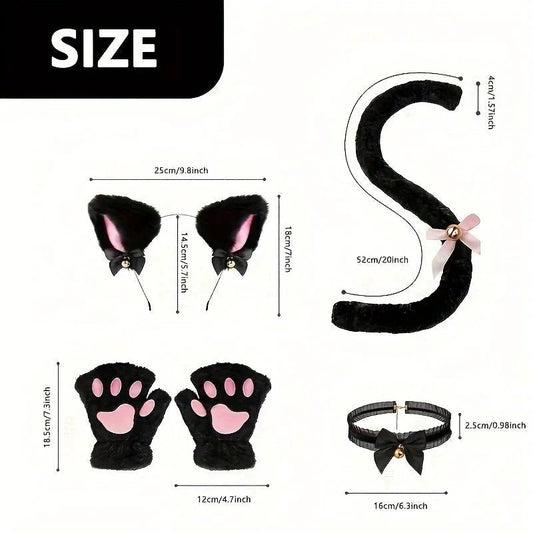 Mandotos 5-piece set includes winter cat paw gloves, open finger gloves, bell headband, and fox cat ear headwear with cute cartoon design