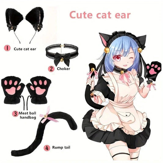 Set of five MANDOTOS cat paw winter gloves, cute cartoon girl open-finger gloves, fox cat ear headband, and bell headband accessories.
