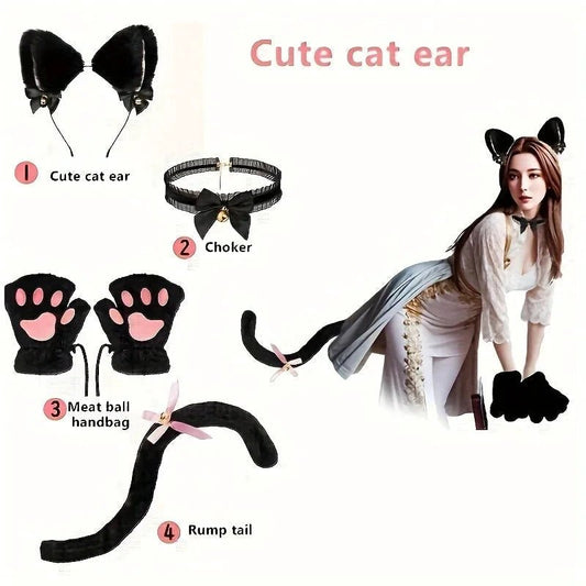 Mandotos 5-piece set includes cute cartoon cat paw gloves, bell headband, fox ear headwear, and open finger gloves for winter fun.