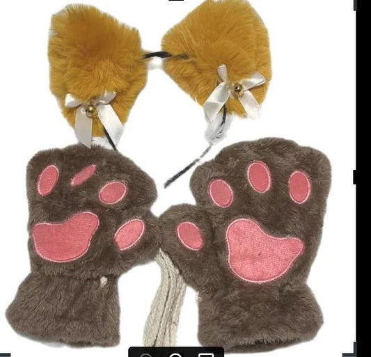 Mandotos 5-piece set including cute cartoon girl open finger gloves, fox and cat ear headwear, and bell headband for winter.