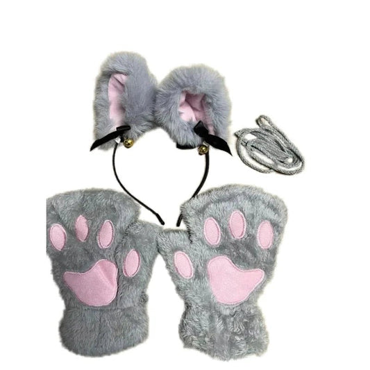 Set of five MANDOTOS cat paw winter gloves, open-finger style, cute cartoon girl design, with fox and cat ear headwear accessories.