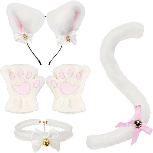 Mandotos 5-piece set including cute cartoon girl open-finger cat paw gloves, bell headband, and fox cat ear headwear for winter.