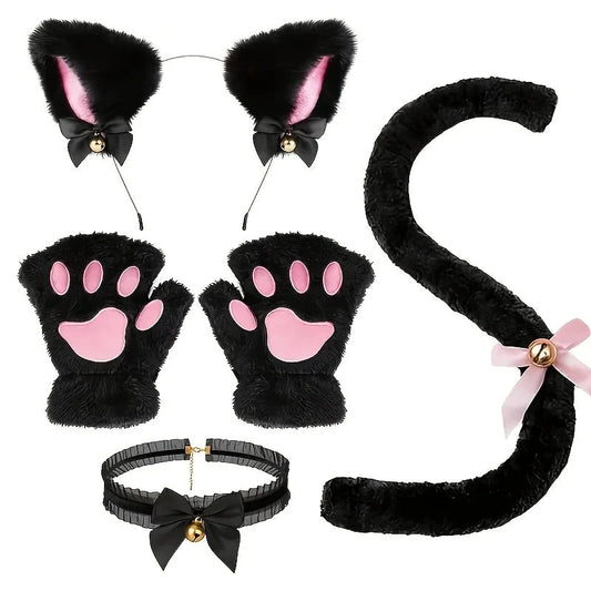 Mandotos 5-piece set including cute winter cat paw gloves, open-finger gloves, fox ear headband, and cartoon girl-themed accessories.