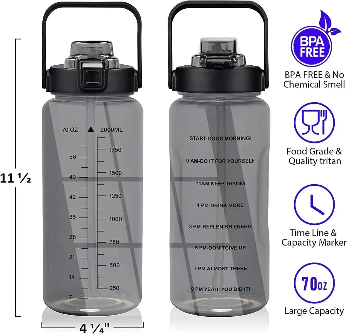 Mandotos 64oz motivational hydration bottle with time markers and leak-proof lid for easy, reusable water drinking.