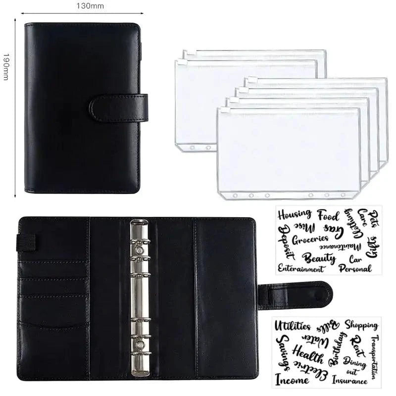 A6 Deluxe Leather Finance Organizer by MANDOTOS with multiple compartments for receipts, cards, and cash in a sleek leather design.