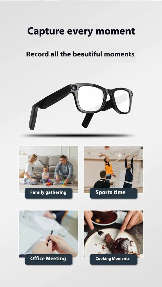 Mandotos AI Camera Smart Glasses with built-in camera, sleek design, and adjustable temples for hands-free recording and photography.