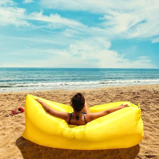 Mandotos AirLounge portable beach seat with comfortable fabric and adjustable straps for relaxing outdoors.