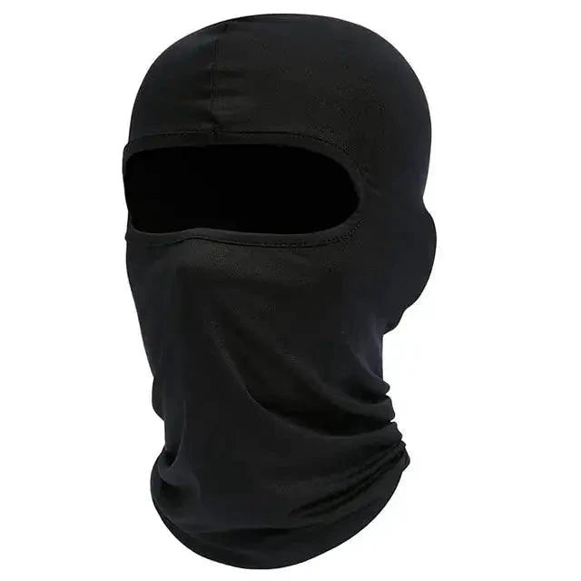 Mandotos Alpine full face cover in black, designed for outdoor protection, featuring adjustable straps and breathable fabric.