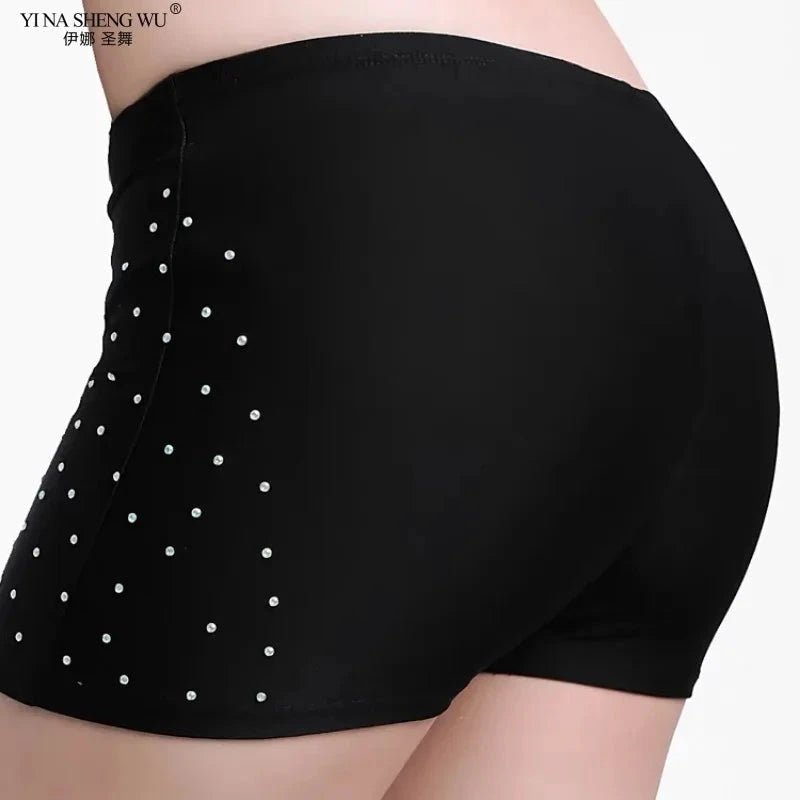 Mandotos women's belly dance safety shorts with stretch fabric, diamond accents, tight fit, and short leggings for dance practice.