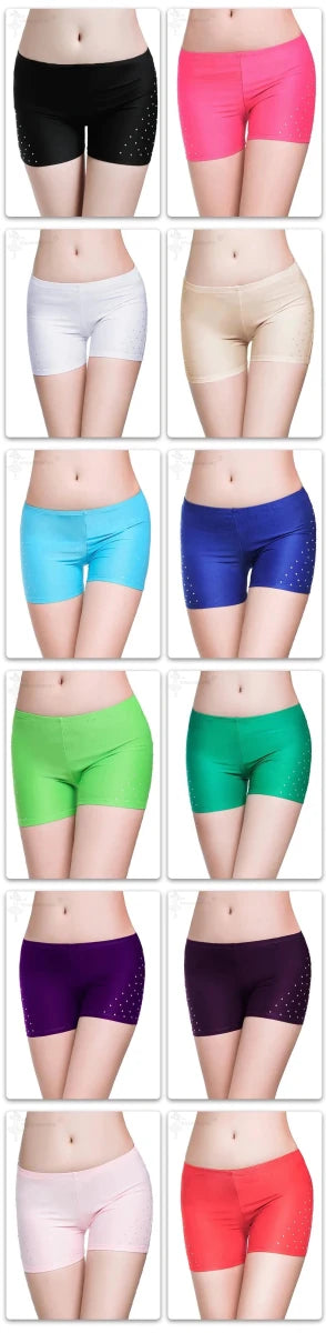 Mandotos women's belly dance safety shorts with diamond accents, tight-fitting stretch leggings for dance practice and performance.
